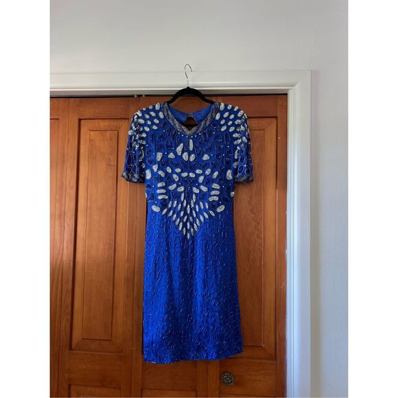 Vintage 80s Silky Nites Royal Blue 100% silk Beaded Sequined Mini Cocktail dress - Picture 1 of 7